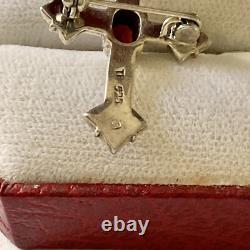 Very Beautiful Antique Silver Brooch with Garnet and Marcasites, Signed Danecraft