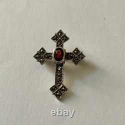 Very Beautiful Antique Silver Brooch with Garnet and Marcasites, Signed Danecraft