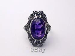 Very Beautiful Old Amethyst And Marcasite Antique Ring Art Deco T51