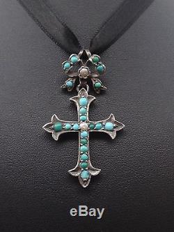Very Beautiful Old Cross Sterling Silver Cabochons Turquoise And Pearls