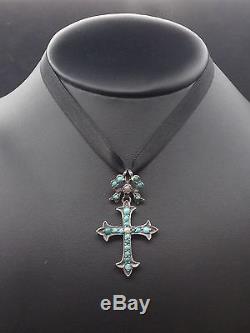 Very Beautiful Old Cross Sterling Silver Cabochons Turquoise And Pearls