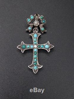 Very Beautiful Old Cross Sterling Silver Cabochons Turquoise And Pearls