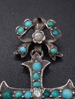 Very Beautiful Old Cross Sterling Silver Cabochons Turquoise And Pearls