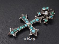 Very Beautiful Old Cross Sterling Silver Cabochons Turquoise And Pearls