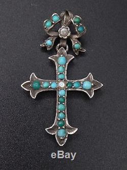 Very Beautiful Old Cross Sterling Silver Cabochons Turquoise And Pearls