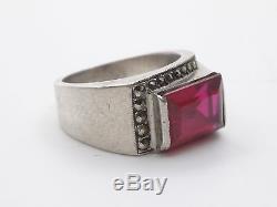 Very Nice Old Silver Tank Ring And Red Stone Art Deco 1930 T48