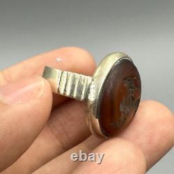 Very old antique solid silver ring with engraved agate stone, anima