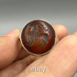 Very old antique solid silver ring with engraved agate stone, anima
