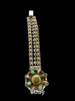 Vintage Antique Floral Ethnic Solid Silver Bracelet Turquoise Stamped 78.40g