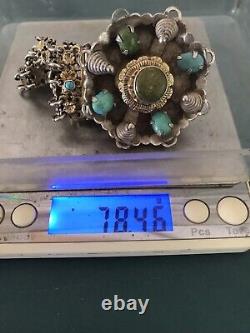 Vintage Antique Floral Ethnic Solid Silver Bracelet Turquoise Stamped 78.40g