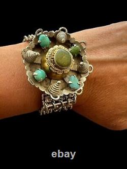Vintage Antique Floral Ethnic Solid Silver Bracelet Turquoise Stamped 78.40g
