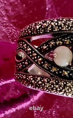 Vintage Art Deco Solid Silver Ring with Opals & Marcasites Size 56 (1.8 mm)
