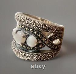 Vintage Art Deco Solid Silver Ring with Opals & Marcasites Size 59 (1.8 mm)