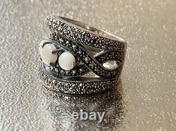 Vintage Art Deco Solid Silver Ring with Opals & Marcasites Size 59 (1.8 mm)