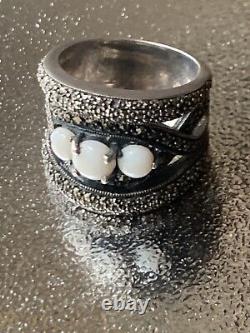 Vintage Art Deco Solid Silver Ring with Opals & Marcasites Size 59 (1.8 mm)