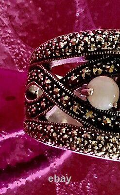 Vintage Art Deco Solid Silver Ring with Opals & Marcasites Size 59 (1.8 mm)