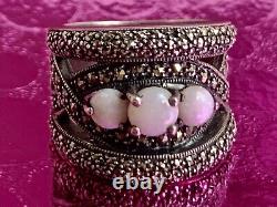 Vintage Art Deco Solid Silver Ring with Opals & Marcasites Size 59 (1.8 mm)