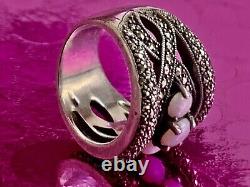 Vintage Art Deco Solid Silver Ring with Opals & Marcasites Size 59 (1.8 mm)