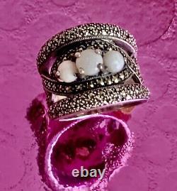 Vintage Art Deco Solid Silver Ring with Opals & Marcasites Size 59 (1.8 mm)