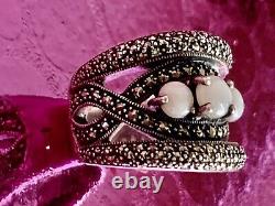 Vintage Art Deco Solid Silver Ring with Opals & Marcasites Size 59 (1.8 mm)