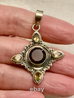 Vintage Designer Pendant Solid Silver Smoky Topaz and 4 Genuine Citrines