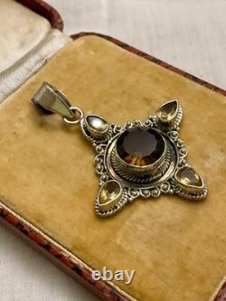 Vintage Designer Pendant Solid Silver Smoky Topaz and 4 Genuine Citrines