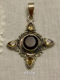 Vintage Designer Pendant Solid Silver Smoky Topaz and 4 Genuine Citrines