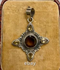 Vintage Designer Pendant Solid Silver Smoky Topaz and 4 Genuine Citrines