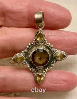 Vintage Designer Pendant Solid Silver Smoky Topaz and 4 Genuine Citrines
