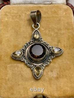 Vintage Designer Pendant Solid Silver Smoky Topaz and 4 Genuine Citrines