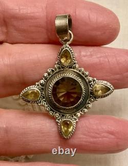 Vintage Designer Pendant Solid Silver Smoky Topaz and 4 Genuine Citrines