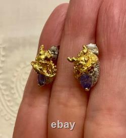 Vintage Dragon Earrings White Gold Solid Silver Tanzanite Ruby