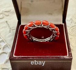 Vintage Eternity Ring in Solid Silver / White Vermeil with Genuine Corals