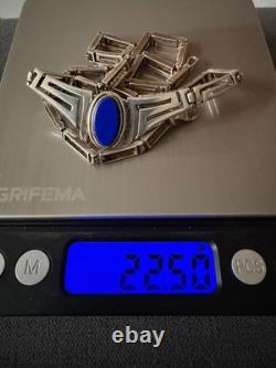 Vintage Greek Chain Necklace in Solid Silver Set with a Lapis Lazuli Stamp 925