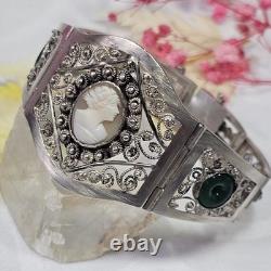 Vintage Handmade Silver Bracelet Cameo Glass Pearls Filigree Work 21.5 Cm