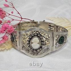 Vintage Handmade Silver Bracelet Cameo Glass Pearls Filigree Work 21.5 Cm