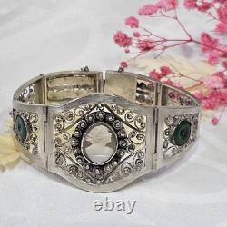 Vintage Handmade Silver Bracelet Cameo Glass Pearls Filigree Work 21.5 Cm