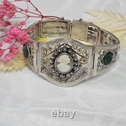 Vintage Handmade Silver Bracelet Cameo Glass Pearls Filigree Work 21.5 Cm