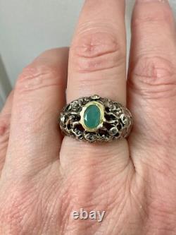 Vintage Modernist Solid Silver Ring with Gold Finish - Emerald & Aquamarines
