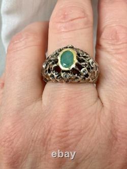 Vintage Modernist Solid Silver Ring with Gold Finish - Emerald & Aquamarines