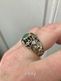 Vintage Modernist Solid Silver Ring with Gold Finish - Emerald & Aquamarines