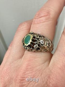 Vintage Modernist Solid Silver Ring with Gold Finish - Emerald & Aquamarines
