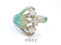 Vintage Old Solid Silver Ring Email And Opal Style Art Nouveau T57