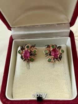 Vintage Rose Gold / Solid Silver Earrings with Rubies and Emeralds