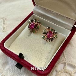 Vintage Rose Gold / Solid Silver Earrings with Rubies and Emeralds