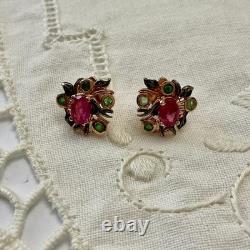 Vintage Rose Gold / Solid Silver Earrings with Rubies and Emeralds