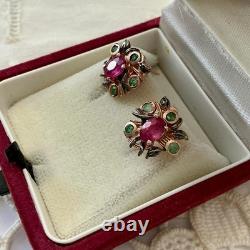 Vintage Rose Gold / Solid Silver Earrings with Rubies and Emeralds