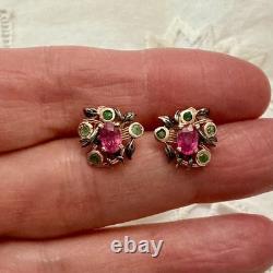 Vintage Rose Gold / Solid Silver Earrings with Rubies and Emeralds