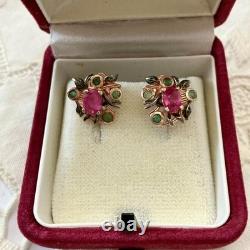 Vintage Rose Gold / Solid Silver Earrings with Rubies and Emeralds