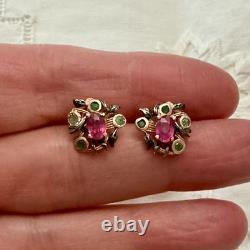 Vintage Rose Gold / Solid Silver Earrings with Rubies and Emeralds